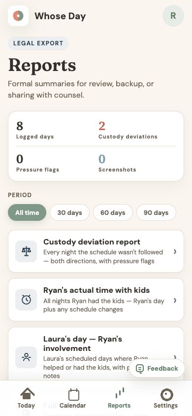 Reports screen showing sample logged days and report options